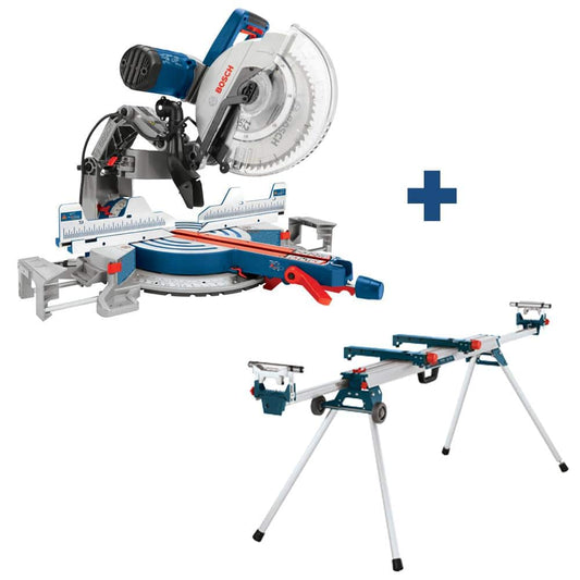 Bosch 15 Amp 12 in. Corded Dual-Bevel Sliding Glide Miter Saw with 60 Tooth Saw Blade and Bonus 32-1/2 in. Portable Stand