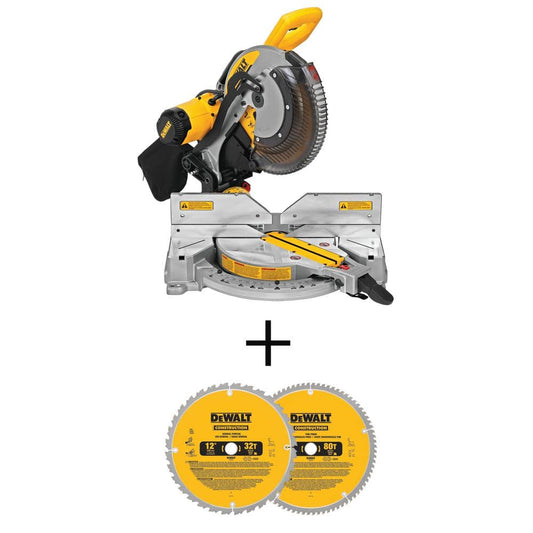 DEWALT 15 Amp Corded 12 in. Compound Double Bevel Miter Saw and 12 in. Miter Saw Blade 32-Teeth and 80-Teeth (2 Pack)