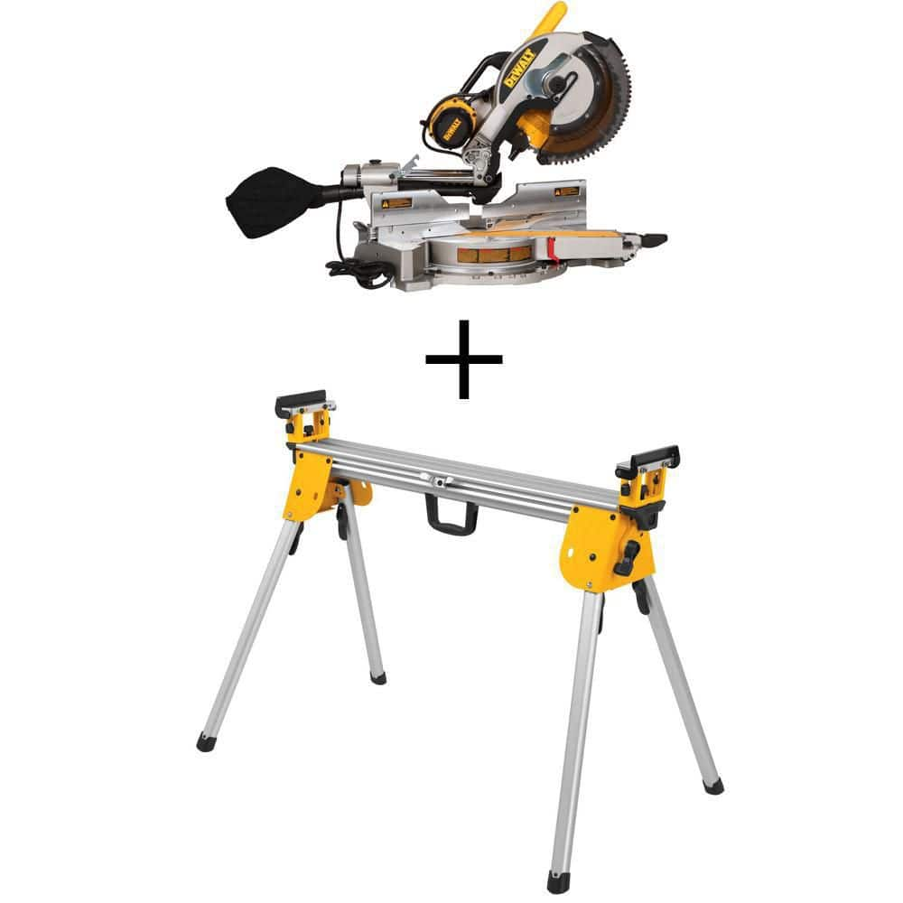 DEWALT 15 Amp Corded 12 in. Double Bevel Sliding Compound Miter Saw w/Blade Wrench, Material Clamp & Compact Miter Saw Stand