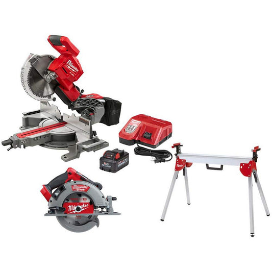 Milwaukee M18 FUEL 18V 10 in. Lithium-Ion Brushless Cordless Dual Bevel Sliding Compound Miter Saw Kit w/ Circular Saw & Stand