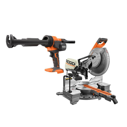 RIDGID 15 Amp Corded 12 in. Dual Bevel Sliding Miter Saw with 18V Cordless 10 oz. Caulk Gun and Adhesive Gun