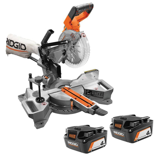 RIDGID 18V Brushless Cordless 7-1/4 in. Dual Bevel Sliding Miter Saw with 18V Lithium-Ion 4.0 Ah Battery (2-Pack)