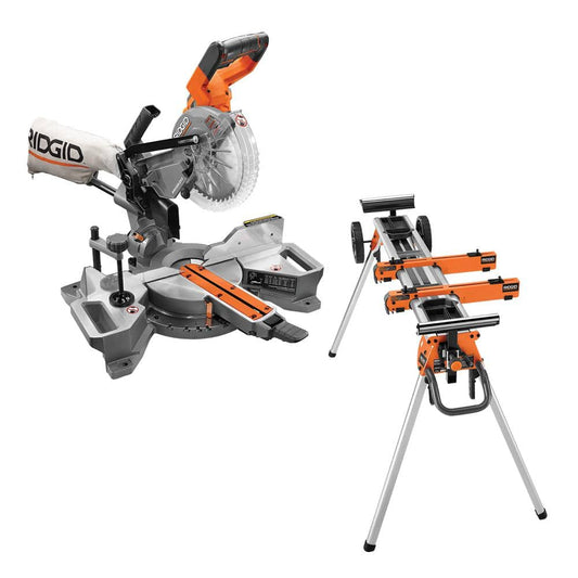 RIDGID 18V Brushless Cordless 7-1/4 in. Dual Bevel Sliding Miter Saw with Professional Compact Miter Saw Stand