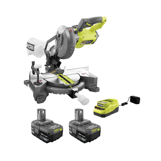 RYOBI ONE+ 18V Cordless 7-1/4 in. Compound Miter Saw with Lithium-Ion 4.0 Ah Battery (2-Pack) and Charger