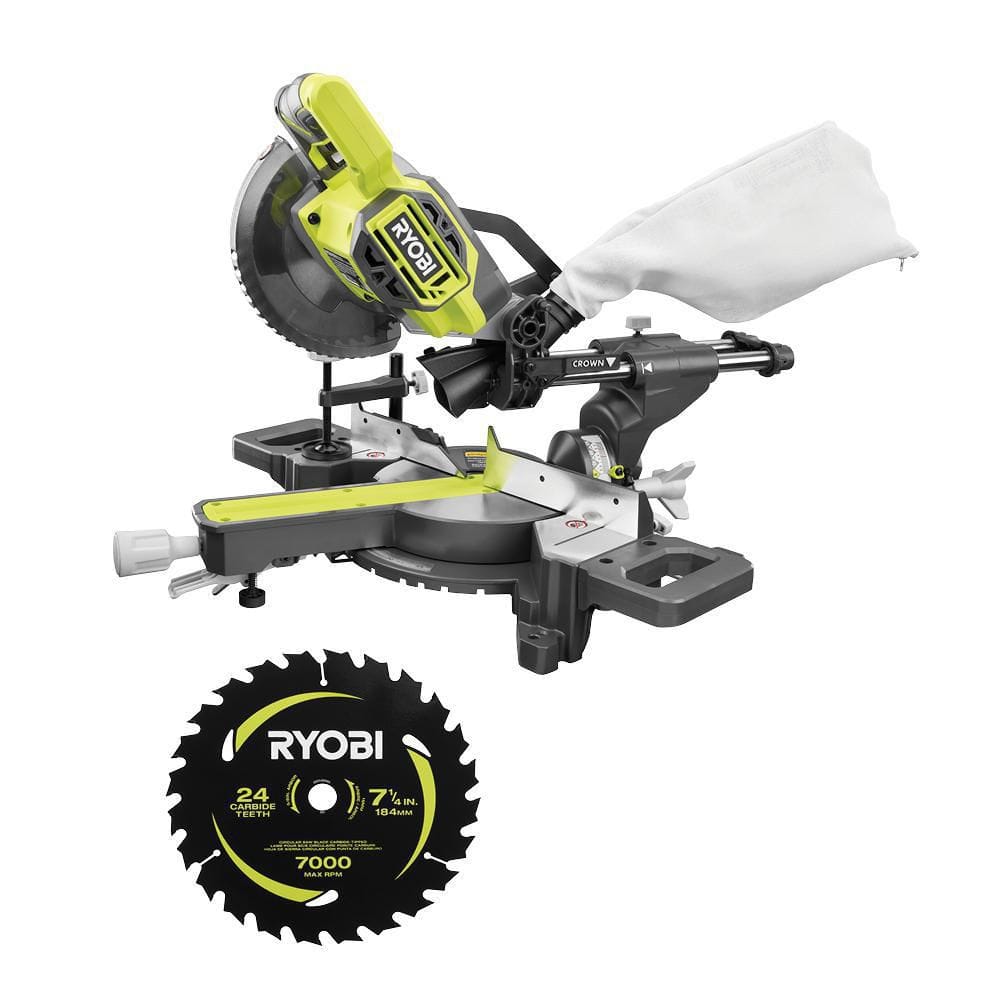 RYOBI ONE+ 18V Cordless 7-1/4 in. Sliding Compound Miter Saw (Tool Only) with Extra 7-1/4 in. Blade (1-Piece)