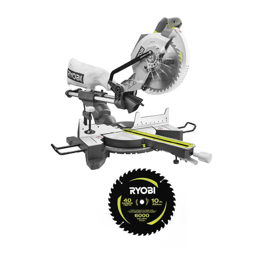 RYOBI 15 Amp 10 in. Corded Sliding Compound Miter Saw with 10 in. 40 Carbide Teeth Thin Kerf Miter Saw Blade