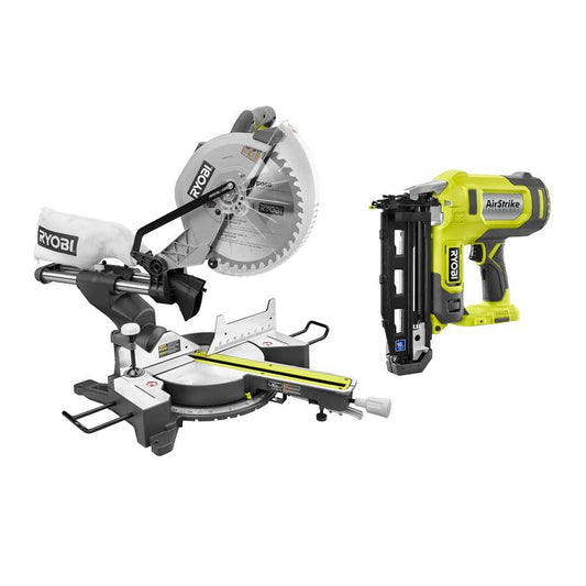 RYOBI 15 Amp Corded 12 in. Sliding Compound Miter Saw and ONE+ 18V 16-Gauge Cordless AirStrike Finish Nailer (Tool Only)